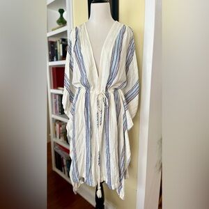 LoveStitch NWT Coverup Dress Poncho Tunic Drawstring Waist Tassles Stripe Print